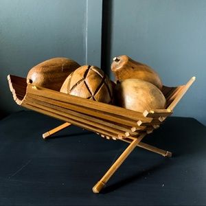 Folding Rattan Bowl with Carved Wooden Fruit